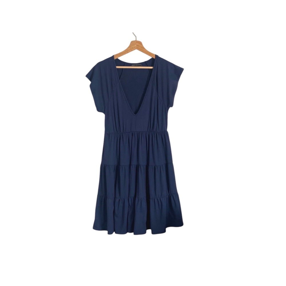 Urban Outfitters Navy   Tiered V-Neck Mini Dress  Babydoll  Short Sleeve SizeM